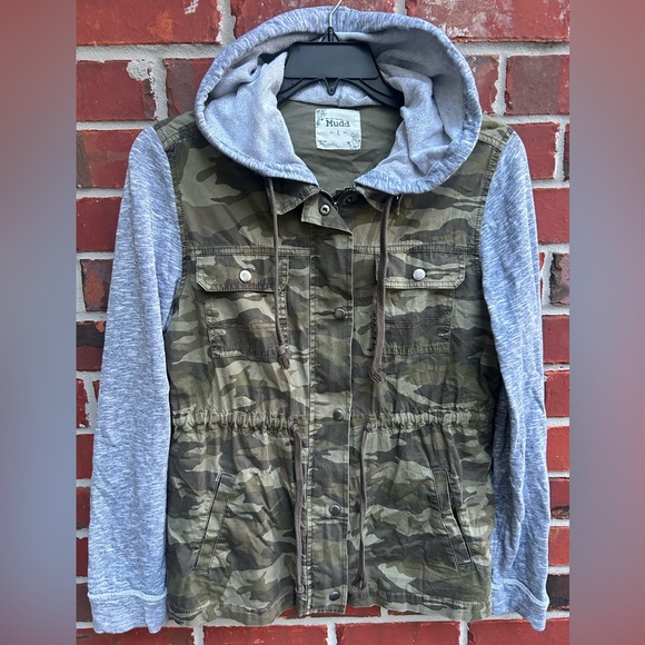 Mudd Womens Full Zip & Snap Camo Hooded Utility Jacket w/ Knit Sleeves & Hood G2 - Picture 1 of 8